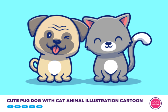 Download Cute Pug Dog and Cat Animal Illustration - Dog Collection