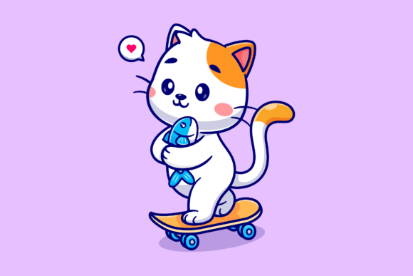 Download Cute Cat Holding Fish on Skateboard - Skateboard Collection