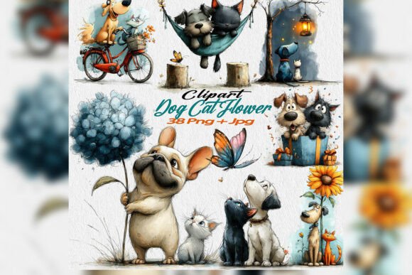 Download Whimsical Dog Cat Flower Clipart PNG Set - Dog Collection