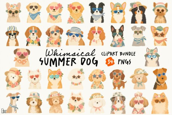 Download Whimsical Summer Dog Clipart Bundle PNG - Dog Collection